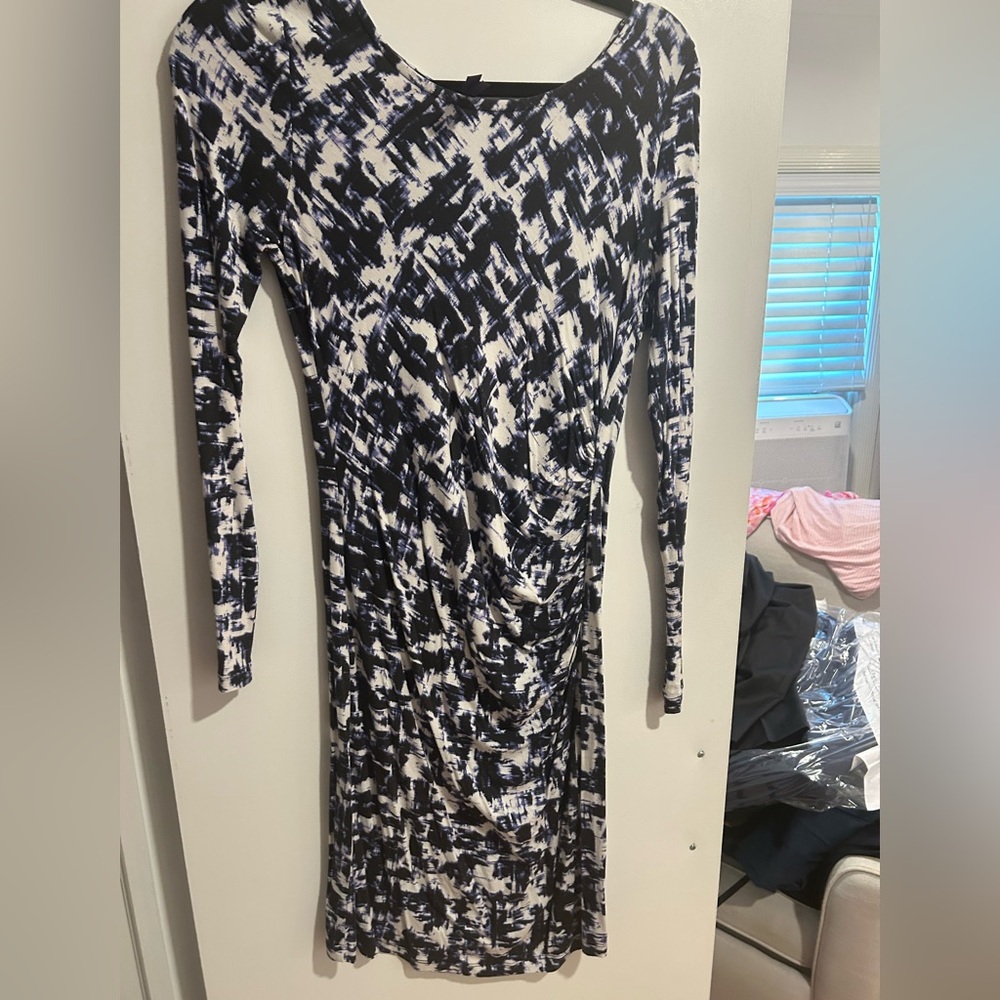 Seraphine Navy and White Abstract Long Sleeve Stretch Midi Dress, 8